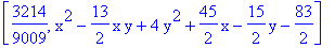 [3214/9009, x^2-13/2*x*y+4*y^2+45/2*x-15/2*y-83/2]